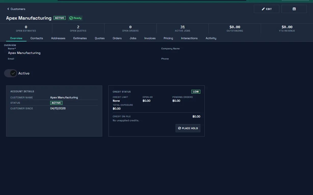 Forge lead detail dialog showing a new lead with source, owner, and status fields