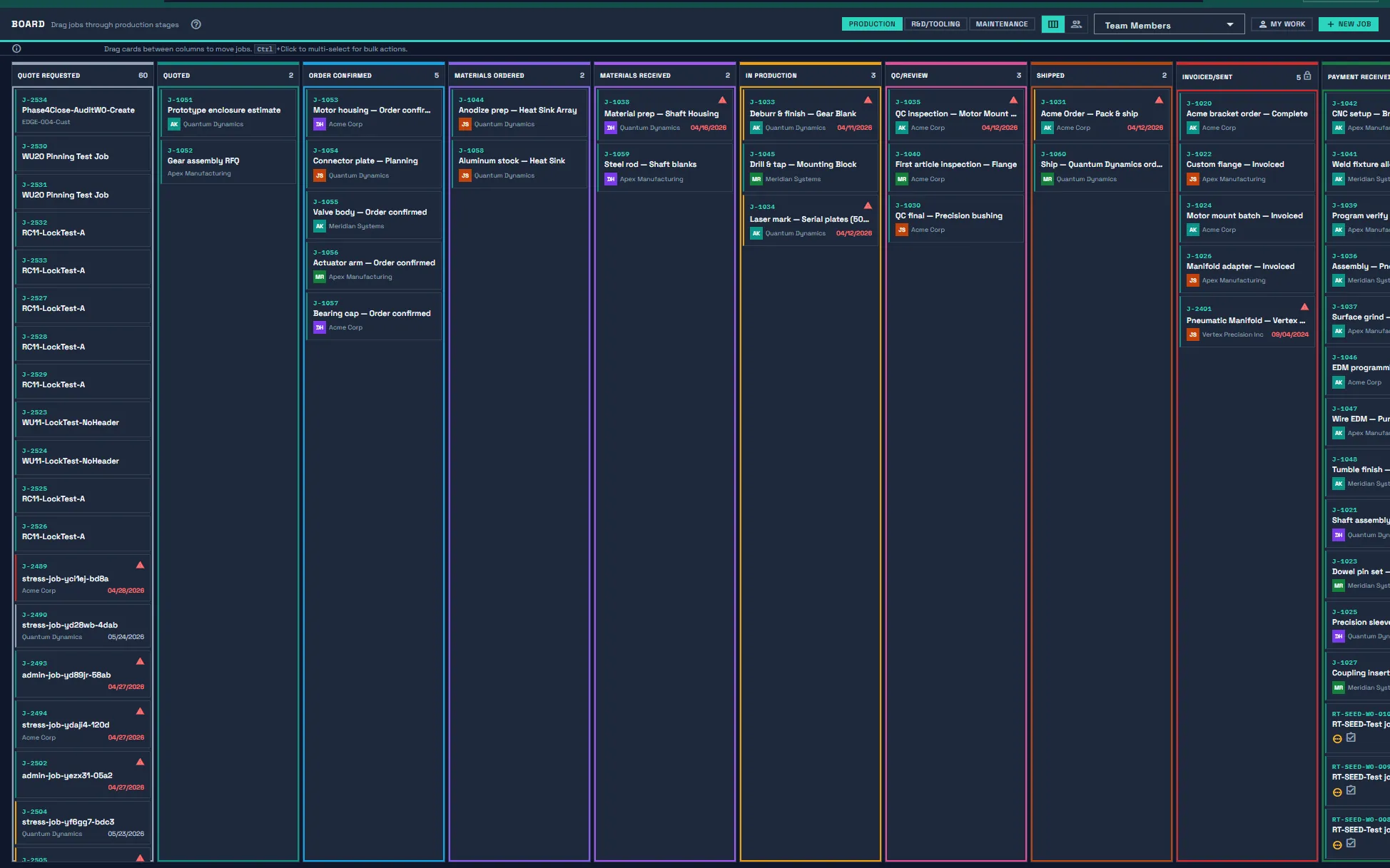 Forge kanban board with a job moving through production stages