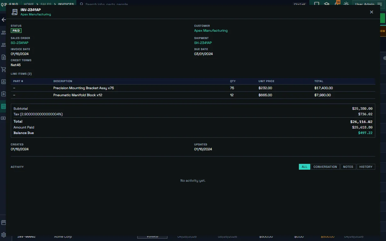 Forge paid invoice with a lock icon and AR Aging at zero