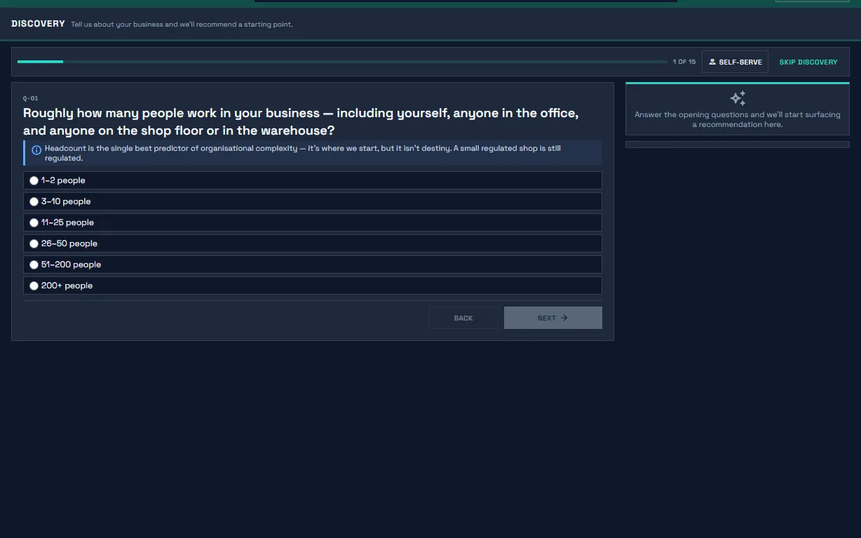 Forge discovery wizard first question: How many people on your team?