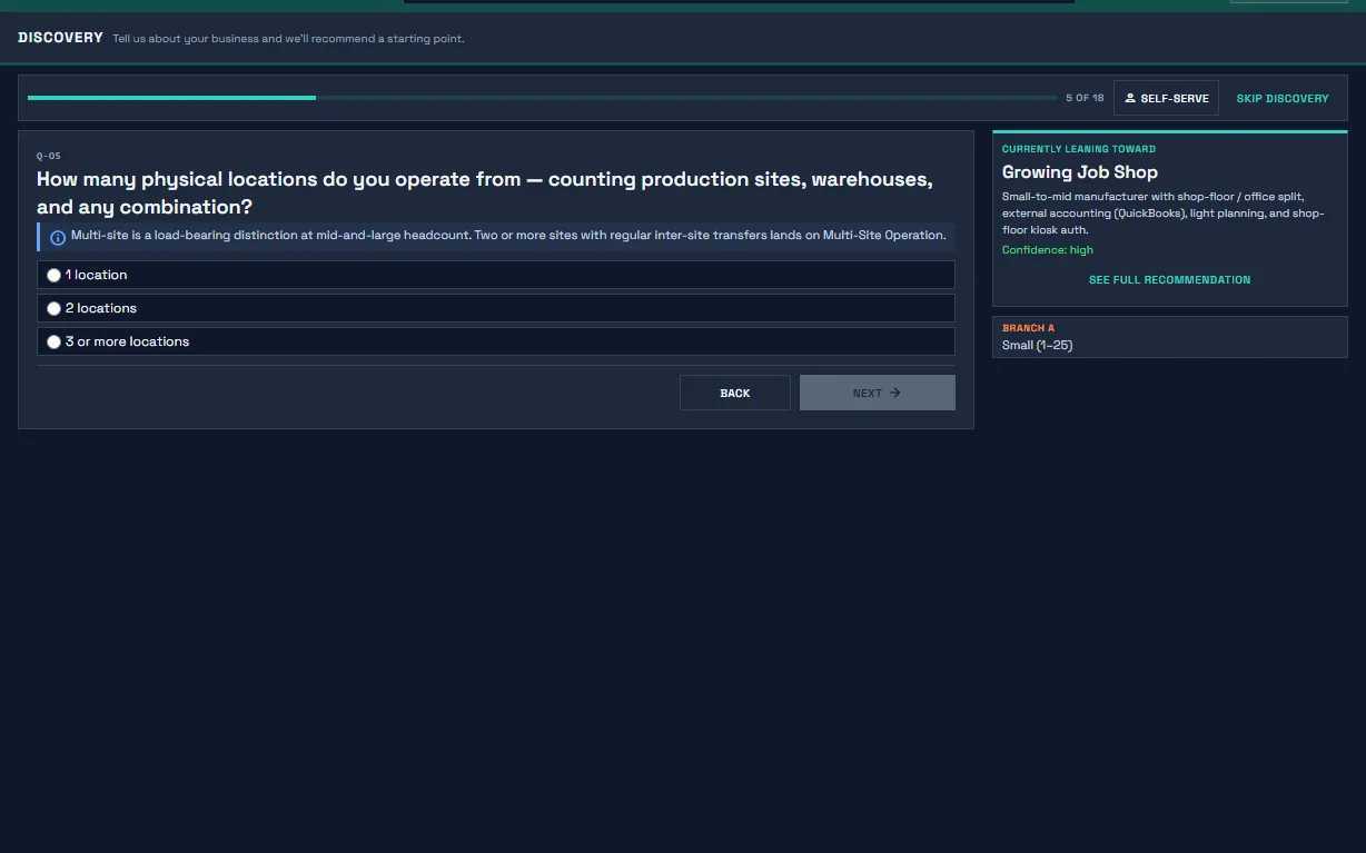 Forge discovery wizard mid-flow showing job-shop versus make-to-stock and quality department questions