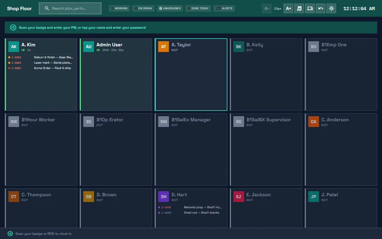 Forge kiosk job detail: minimal UI with three large action buttons