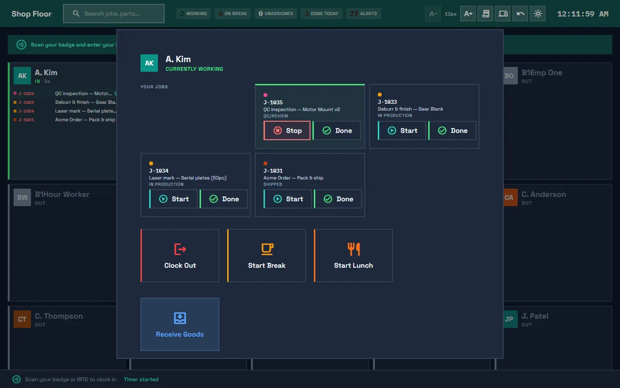 Forge kiosk job detail with three large action buttons and a scan field